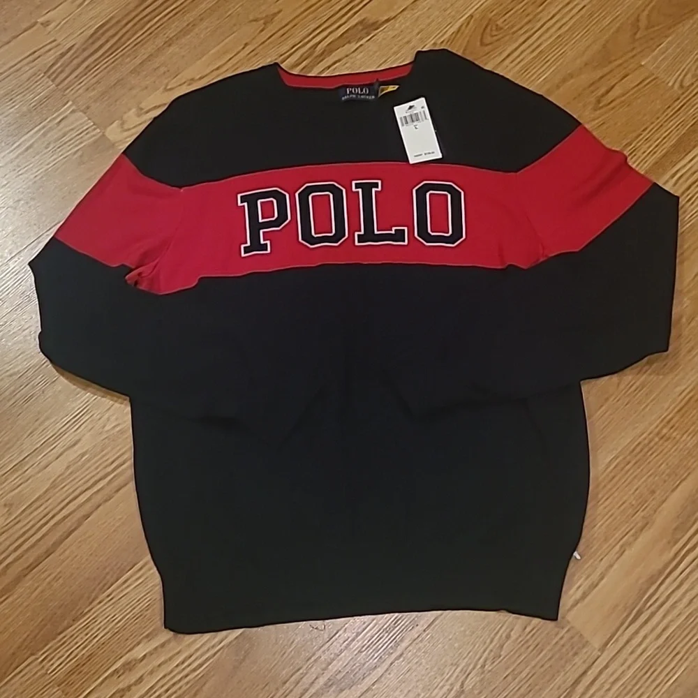 New Polo by Ralph Lauren "POLO" logo cotton sweater navy blue and red sizes L,XL - Picture 1 of 7